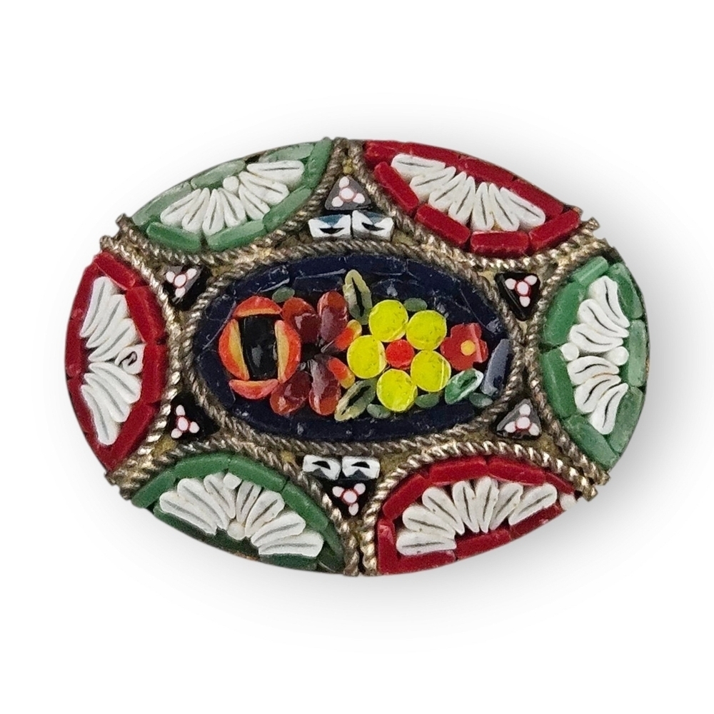 Vintage Mosaic Flower Brooch Oval Colorful Multicolor Silver Tone Floral 1.25"